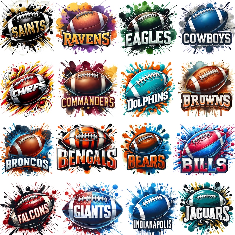 May include: A collection of 16 digital illustrations featuring American footballs with team names. Each football is depicted with vibrant colors and surrounded by paint splatter effects. Team names include Saints, Ravens, Eagles, and Cowboys.