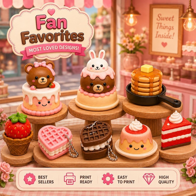 May include: A collection of miniature food-themed figurines including cakes with bear and rabbit faces, a stack of pancakes in a skillet, a strawberry in a waffle cone, heart-shaped waffles, a pudding cup, and a slice of cake on wooden stands.