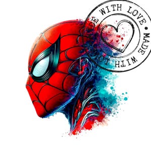 May include: A vibrant illustration of Spider-Man's mask, rendered in shades of red, black, and teal. The design features a web pattern and a stylized eye. A circular stamp with a heart and the text "MADE WITH LOVE" is also present.