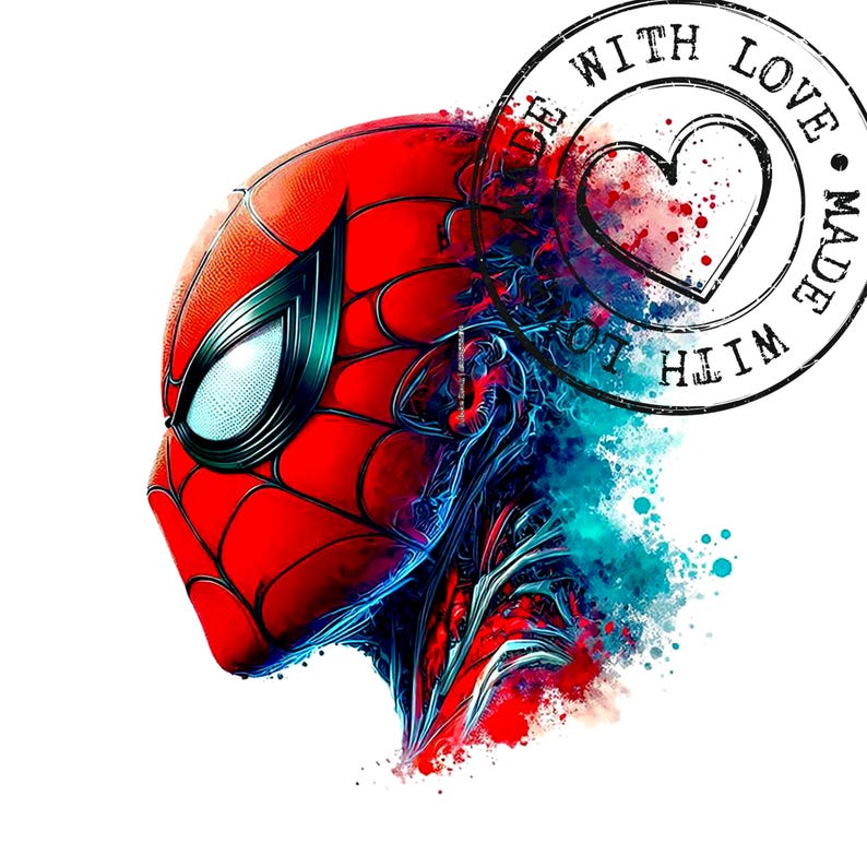 May include: A vibrant illustration of Spider-Man's mask, rendered in shades of red, black, and teal. The design features a web pattern and a stylized eye. A circular stamp with a heart and the text "MADE WITH LOVE" is also present.
