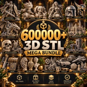 Könnte beinhalten: Eine digitale Werbegrafik für ein 600.000+ 3D-STL-Megapaket mit verschiedenen 3D-gedruckten Modellen, darunter Fantasy-Miniaturen, Anime-Figuren, Cosplay-Helme, Drachen, Architektur, Totenköpfe, Gelände, Requisiten, Dekor, Werkzeuge und Fahrzeuge.