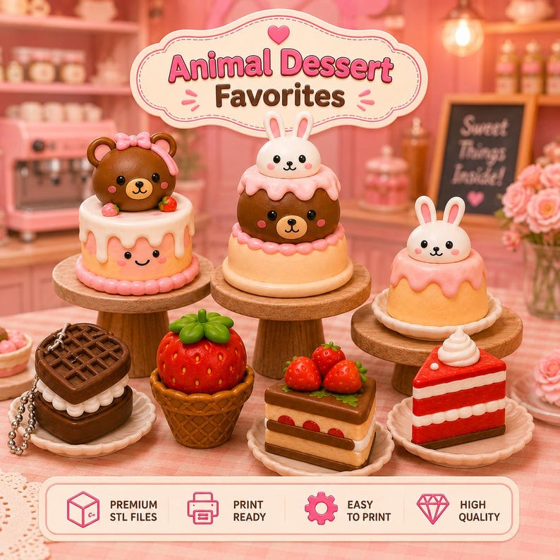 May include: A collection of miniature dessert figurines featuring animal-themed cakes on wooden stands, a waffle keychain, a strawberry in a waffle cup, and slices of cake. The display includes text reading Animal Dessert Favorites.