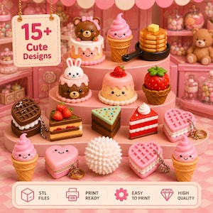 May include: A collection of 15+ miniature dessert-themed figurines including cakes, ice cream cones, waffles, and pancakes with cute faces. The set features various colorful treats like a strawberry tart, chocolate cake, and heart-shaped waffles.