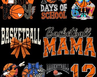 May include: A collection of basketball-themed graphics on a black background. Designs include basketballs, hoops, and text such as "Game Day," "100 Days of School," and "Basketball Mama." The graphics feature orange, white, and blue colors.