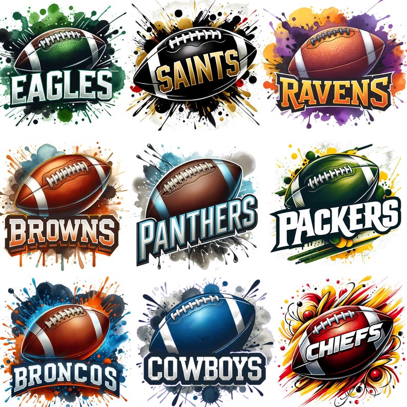 May include: Nine colorful illustrations of American footballs, each with a team name. The footballs are in various colors, including green, brown, and blue, with white laces. Team names include Eagles, Saints, Ravens, Browns, Panthers, Packers, Broncos, Cowboys, and Chiefs.