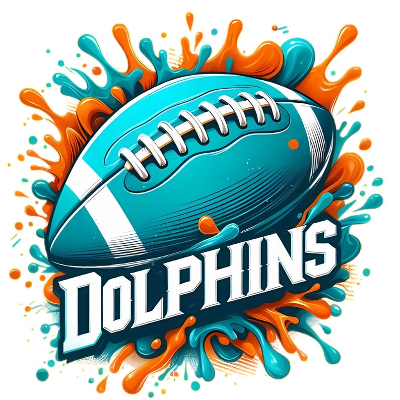May include: A teal football with white laces and stripes, surrounded by orange and teal splashes. The word "DOLPHINS" is displayed in white, outlined in blue, below the football. The design is a vibrant, stylized illustration.