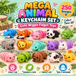 May include: A collection of colorful animal-shaped wiggle fidget keychains including a shark, fox, axolotl, panda, dinosaur, koala, lion, cat, unicorn, pig, turtle, dog, cow, and duck. The image features the text Mega Animal Keychain Set.
