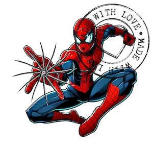 May include: Illustration of Spider-Man in a dynamic pose, clad in a red and blue suit. The character is depicted with web-shooters extended, ready to fire. A circular stamp with the words "WITH LOVE MADE" surrounds the figure.