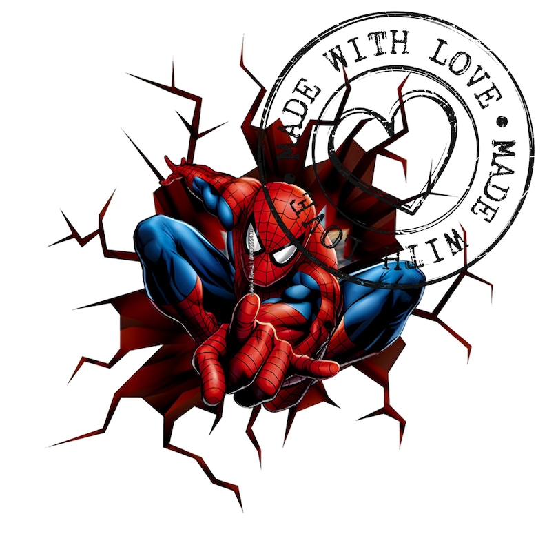 May include: A comic-style illustration of Spider-Man in a red and blue suit, emerging from a cracked wall. The image includes a circular stamp with the words "MADE WITH LOVE" and a heart design. The background is white.