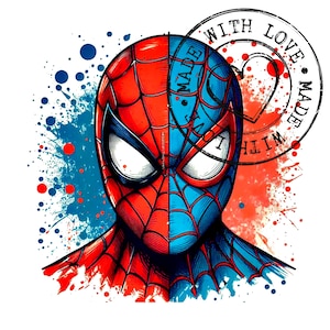 May include: A split-face illustration of Spider-Man, with one half in red and the other in blue. The design includes a stamp that reads "Made With Love". Splatter effects in red and blue complete the artwork.