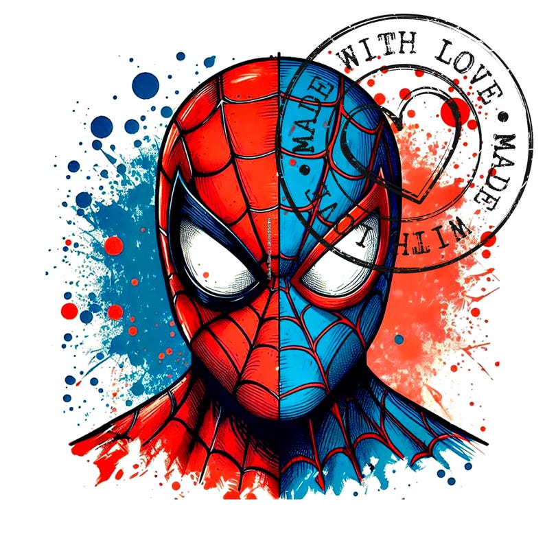 May include: A split-face illustration of Spider-Man, with one half in red and the other in blue. The design includes a stamp that reads "Made With Love". Splatter effects in red and blue complete the artwork.