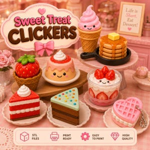 May include: A collection of Sweet Treat Clickers toy figures including a strawberry ice cream cone, a pancake stack in a pan, a strawberry pudding, a strawberry cake slice, a chocolate cake slice, a strawberry parfait, and a heart-shaped waffle.