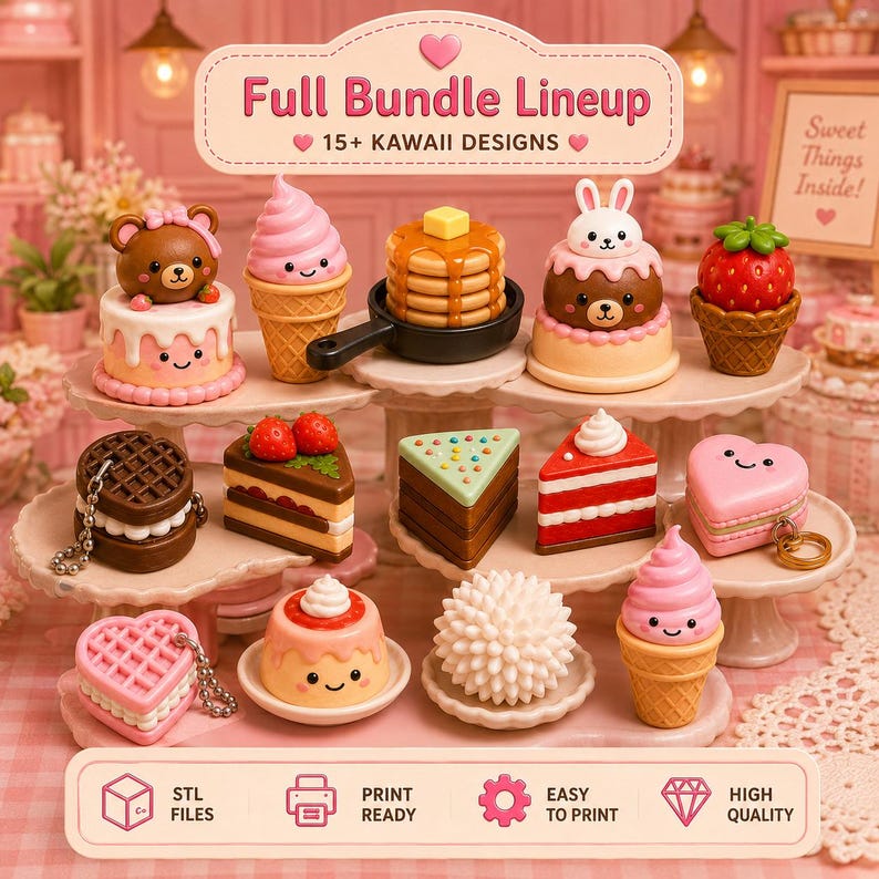May include: A collection of 15+ miniature dessert figurines featuring kawaii faces, including cakes, ice cream cones, pancakes in a skillet, waffles, and heart-shaped treats. The display includes text reading Full Bundle Lineup and STL FILES.