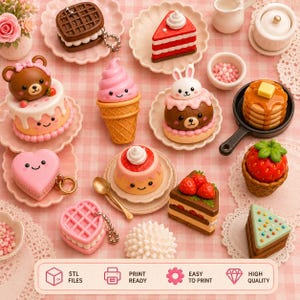 May include: A collection of miniature food-themed figurines including cakes, waffles, ice cream, and pancakes on small plates. The set features various pastel colors and cute faces. Text at the bottom reads: STL FILES, PRINT READY, EASY TO PRINT, HIGH QUALITY.