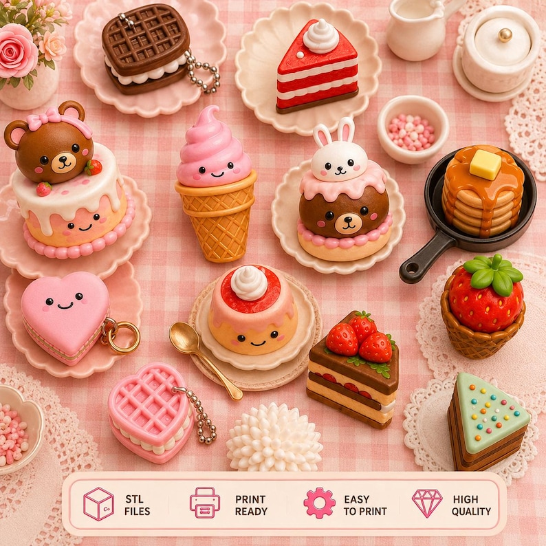 May include: A collection of miniature food-themed figurines including cakes, waffles, ice cream, and pancakes on small plates. The set features various pastel colors and cute faces. Text at the bottom reads: STL FILES, PRINT READY, EASY TO PRINT, HIGH QUALITY.