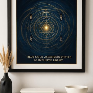 Może przedstawiać: Oprawiony wydruk artystyczny z niebiesko-złotym geometrycznym wzorem. Tekst brzmi "BLUE-GOLD ASCENSION VORTEX OF INFINITE LIGHT". Grafika jest w czarnej ramie i jest wyświetlana na białej powierzchni.