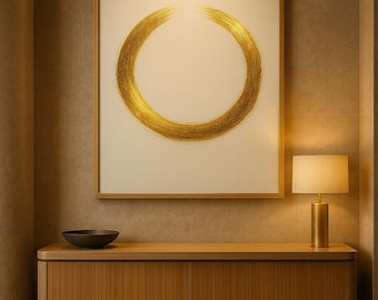 Golden Enso Circle Art – minimalistische zen-penseelstreekafdruk | Japandi-muurdecoratie
