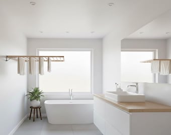 Varal de parede sanfonado para roupas, em madeira.