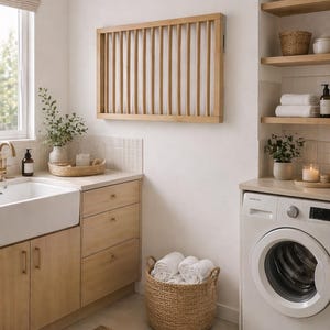 Könnte beinhalten: Ein helles, modernes Waschzimmer mit hellen Holzschränken, einem weißen Waschbecken und einer Waschmaschine. Ein geflochtener Korb enthält gerollte weiße Handtücher. Ein hölzernes Trockengestell ist an der Wand befestigt. Pflanzen und Kerzen sorgen für Wärme.