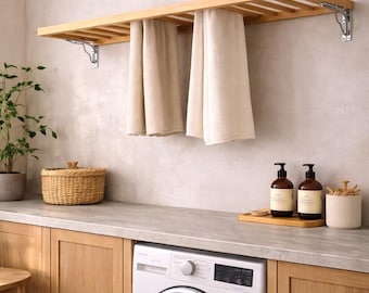 壁掛け式物干しラック 木製折りたたみ式洗濯物干し台 モダンなランドリールーム向け