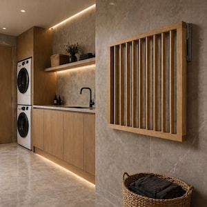 Könnte beinhalten: Ein moderner Waschraum mit hellen Holzschränken, einer Waschmaschine und einem Trockner, die übereinander stehen, und einem an der Wand befestigten Trockengestell aus Holz. Ein geflochtener Korb enthält gefaltete Handtücher. Der Raum hat eine neutrale Farbpalette.