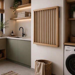 May include: A wall-mounted wooden drying rack featuring a rectangular frame with vertical slats. The rack is constructed from light-toned wood and is mounted on a white wall, positioned above a woven basket containing a light-coloured fabric item.
