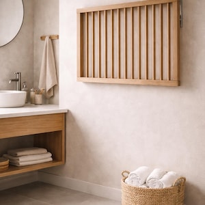 May include: A wooden towel rack with vertical slats is mounted on a neutral-toned wall in a bathroom setting. A woven basket holds rolled white towels, and a wooden vanity with a sink is visible.