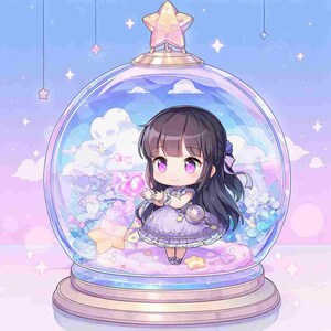 以下が含まれることがあります： 紫色のドレスを着たチビの女の子が描かれたスノードームの気まぐれなイラスト。地球儀は星と雲で飾られ、星型のトッパーが付いています。背景は青とピンクの柔らかなグラデーションです。