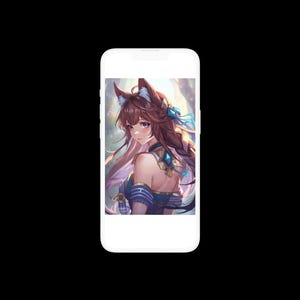 May include: A digital illustration of a woman with brown hair and fox ears, wearing a blue and gold outfit. The artwork is displayed on a smartphone screen, set against a black background.