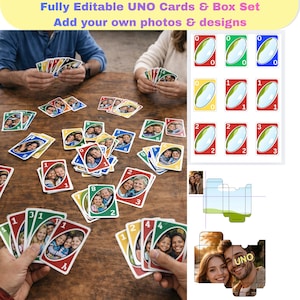Può includere: Un set di carte UNO personalizzato con carte con foto e design personalizzati. L'immagine mostra le carte in gioco, con vari colori e numeri visibili. Il testo in alto recita "Fully Editable UNO Cards & Box Set Add your own photos & designs."