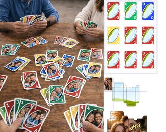 Plantilla de caja y cartas personalizadas de Uno, plantilla de naipes de Canva, cartas de Uno personalizadas editables, noche de juegos para familiares y amigos, regalo para hola