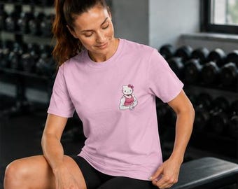 Kawaii Gym Cat T-Shirt for Women, Cute Fitness Graphic Tee, Pink Workout Shirt, Soft Girl Gym Outfit, Coquette Athletic Apparel