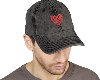 Red Floral Heart Embroidery Vintage Cap | Washed Grey Baseball Hat