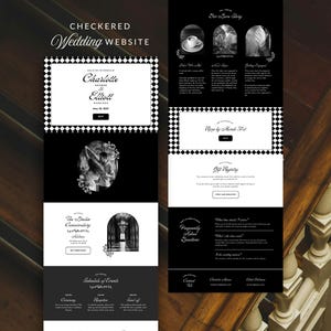 May include: A wedding website design with a black and white checkered theme. The website features sections for the couple's names, wedding details, love story, gift registry, and frequently asked questions. The design includes elegant fonts and decorative elements.