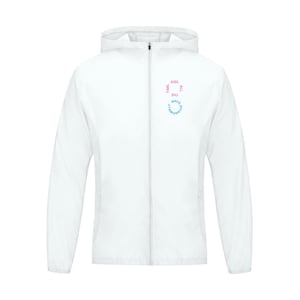 May include: White hooded jacket with a full-length zip. The jacket features the text "KISS ALL THE DISCO OCCASIONALLY TIME" in pink and blue on the upper right chest area. The jacket has a hood and long sleeves.
