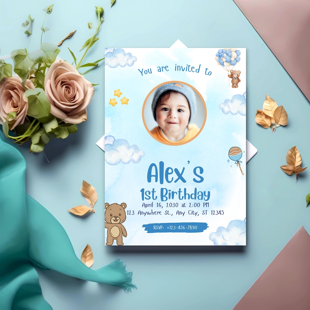 Boy 1st Birthday Invitation With Photo | Teddy Bear Birthday Invite ...