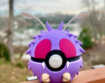 3D Printed Venonat Pokeball, Clickable Button, Anime Collectible