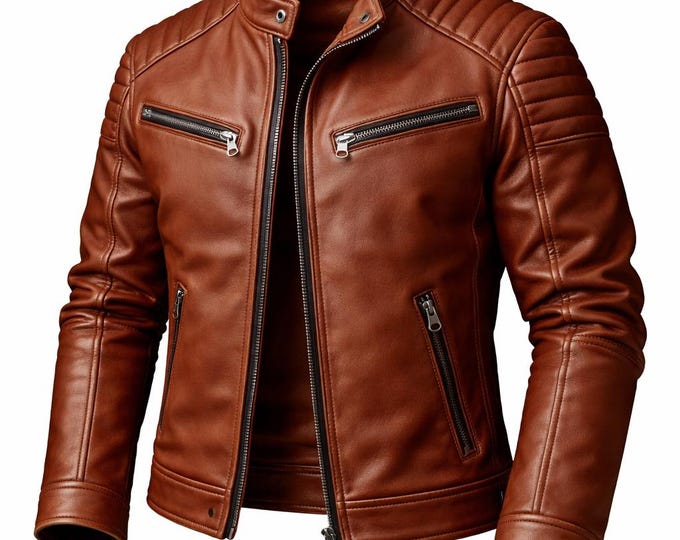 Men’s Leather Cafe Racer Slim Fit Biker Handmade Motorcycle Coat Gift for Him