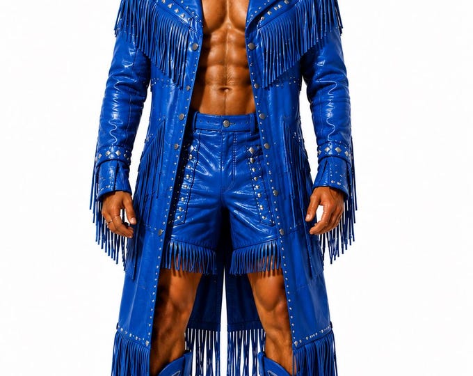 Men's Blue Genuine Leather Fringe Coat & Shorts Set, Western Cowboy Outfit