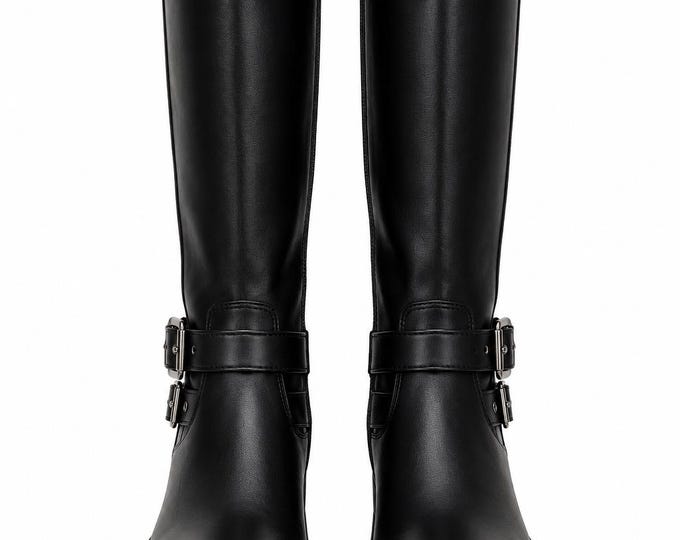 Women Knee High Platform Biker Boots, Buckle Strap, Chunky Lug Sole, Tall Winter Shoes