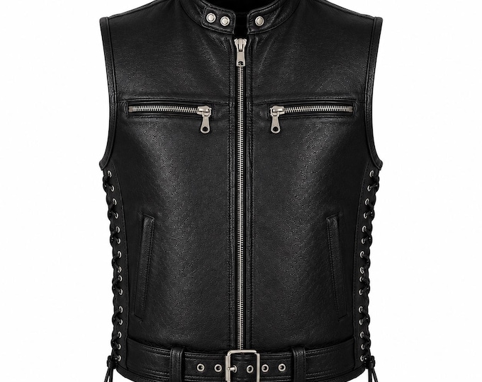 Handmade Men’s Genuine Leather Biker Vest Motorcycle Moto Front Waistcoat with Belt,Sleeveless