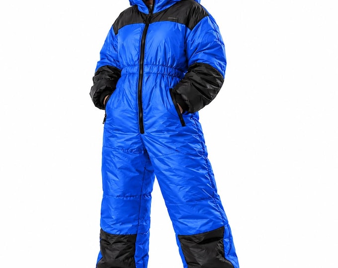 Women’s Blue Ski Suit, One Piece Puffer Snowsuit, Winter Jumpsuit