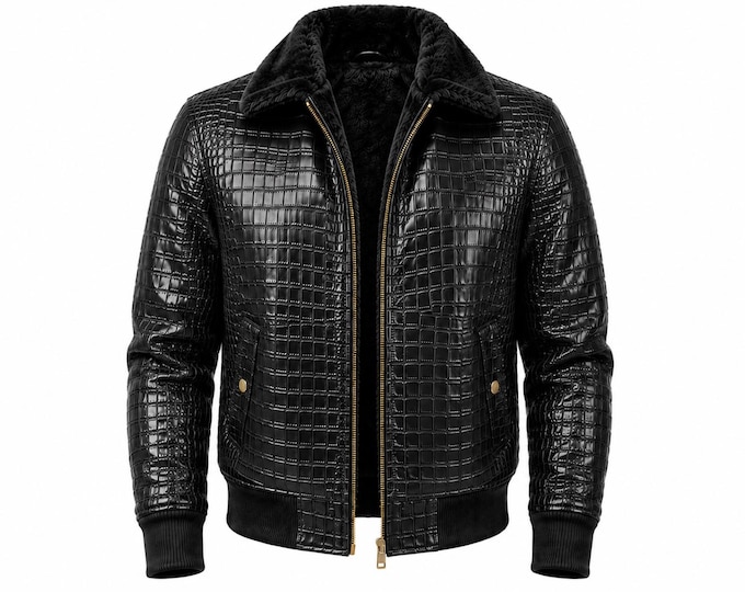Men's Crocodile Embossed Bomber Jacket | Faux Fur Lined Winter Coat