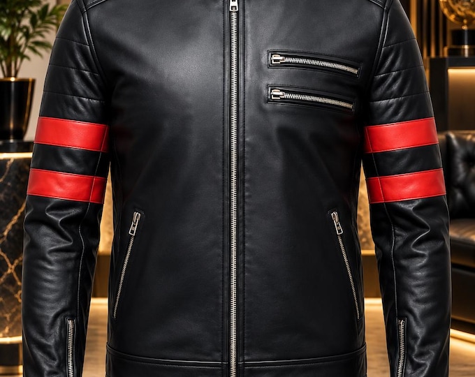 Men's Blue Leather Biker Jacket, Red Racing Stripe Motorcycle Jacket