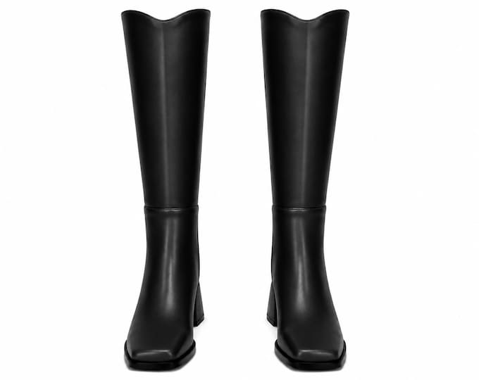 Women’s Knee High Boots, Square Toe  Heel Boots Chunky Block  Wide Pull Multiple Colors