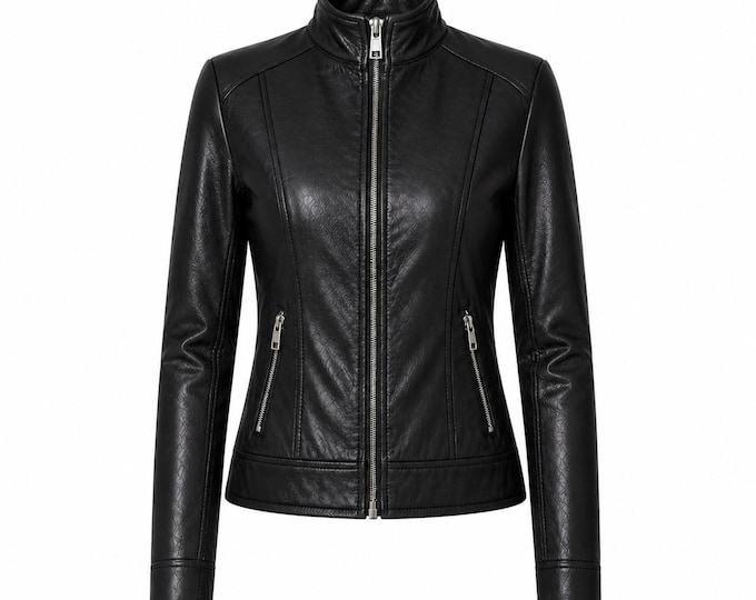 Women Black Leather Moto Jacket Slim Fit Cropped Biker Zip Up Handmade Minimalist
