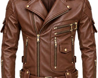 Men’s Genuine Leather Biker Jacket, Handmade Motorcycle Jacket, Asymmetric Zip