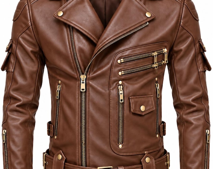 Men’s Genuine Leather Biker Jacket, Handmade Motorcycle Jacket, Asymmetric Zip