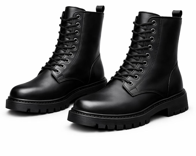 Couple Matching Combat Boots | Unisex Black Leather Street wear Shoes | Rubber Sole Men Women