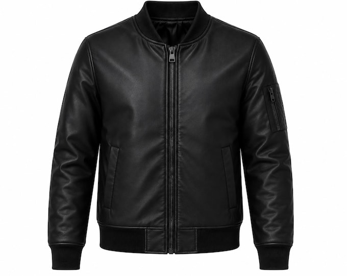 Men's Leather Bomber Jacket, Classic Zip-Up Coat, Casual Streetwear Outerwear, Fashion Jacket